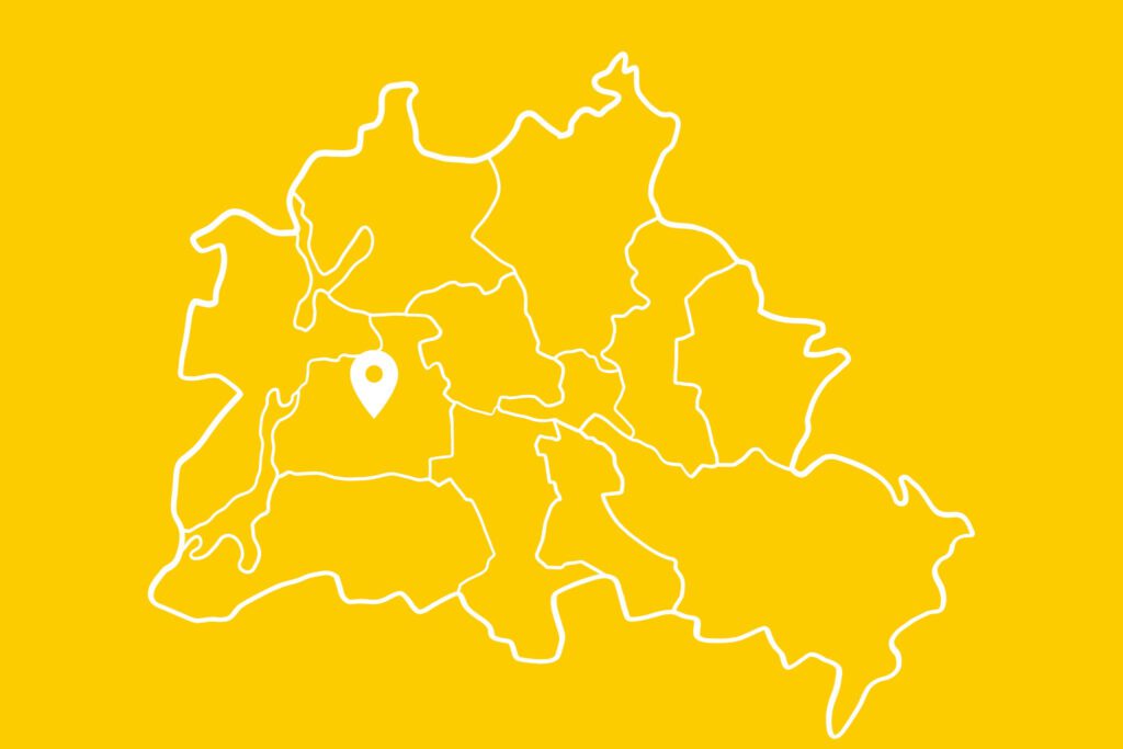 Berlin-Karte weiß auf gelb mit Standort-Icon im bezirk Charlottenburg-Wilmersdorf
